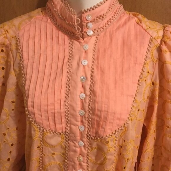 Vintage Orange Eyelet Button Down Cottage core Lace Details long Sleeve Dress S - Picture 6 of 15